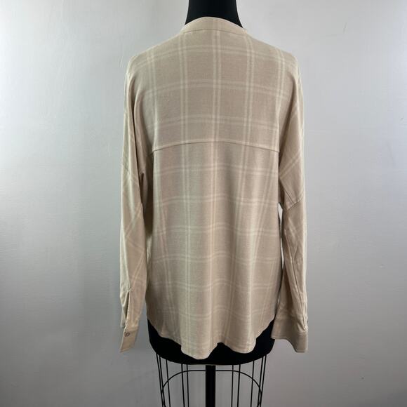 VINCE Beige Top Wool Stretch Plaid Drop Shoulder Split Neck Pullover Sz Medium M - Picture 7 of 11